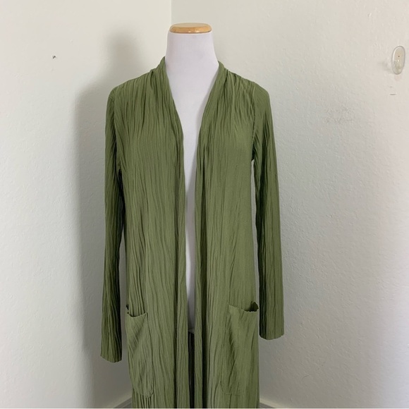 Stateside Knit Plisse Cardigan Duster Open Front Pockets Green Size M - Picture 15 of 15